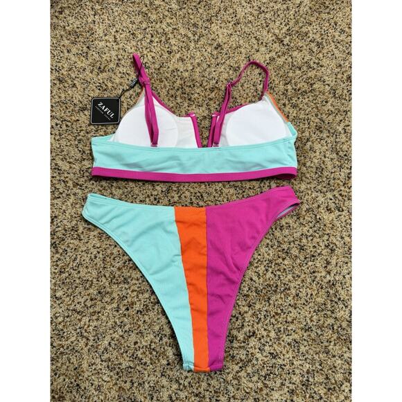 Zaful Women's V-Wired Bikini Pink Blue‎ Colorblock Ribbed 2 Piece Swimwear L - Picture 3 of 10
